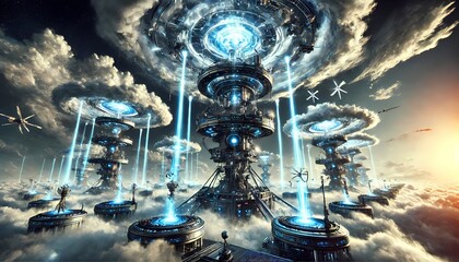 An advanced weather modification system featuring towering technological structures that control and manipulate clouds, storms, and atmospheric conditions with precision, set against a futuristic sky