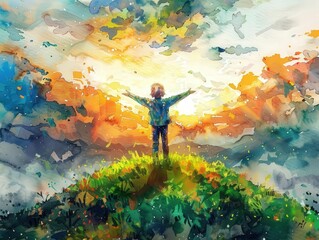 Teenager embracing nature hilltop digital art vibrant sunset bird's eye view freedom and hope