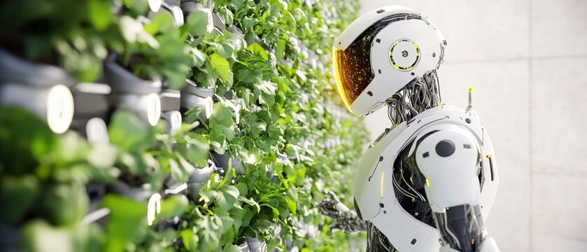 A humanoid robot interacts with a vertical garden, showcasing technology and sustainability.