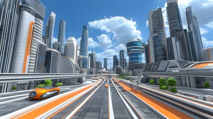 Fototapeta premium Futuristic city skyline with elevated roads and autonomous vehicles.
