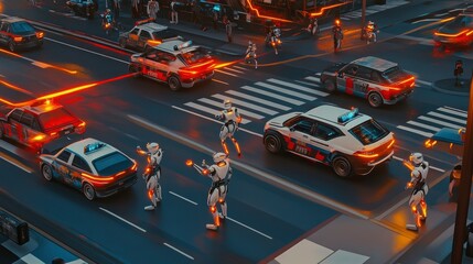 Obraz premium Futuristic city scene with robots directing traffic amidst glowing vehicles.