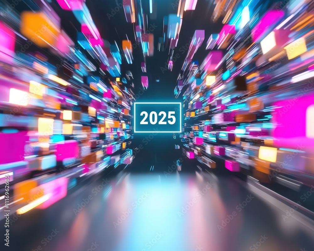 Poster dynamic geometric patterns framing glowing 2025 text on a label