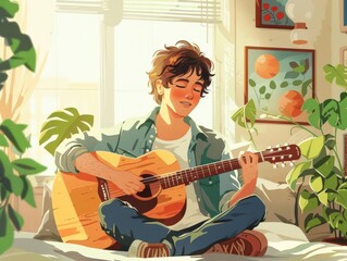 Teenage boy playing guitar at home cozy living room digital illustration bright environment frontal view musical passion