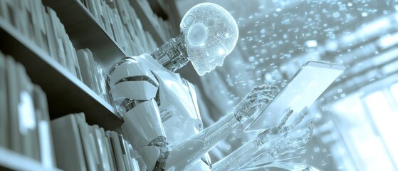 A futuristic robot reading a tablet amidst digital elements in a library setting.