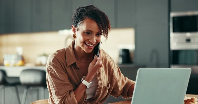 Remote work, laptop and woman with phone call for communication, networking or editor with contact. Home, freelancer or journalist with mobile for schedule interview, confirm date or digital article