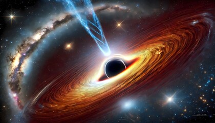 A massive black hole at the center of a galaxy, with light bending around it in a cosmic swirl