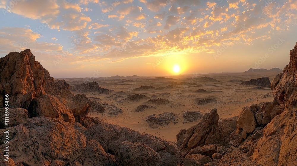 Poster Golden rays of the setting sun illuminate the endless desert, creating a breathtaking display of colors. Rocky formations stand in stark contrast against the warm tones of twilight