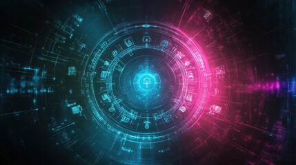 Abstract digital circular design with glowing symbols and lines.