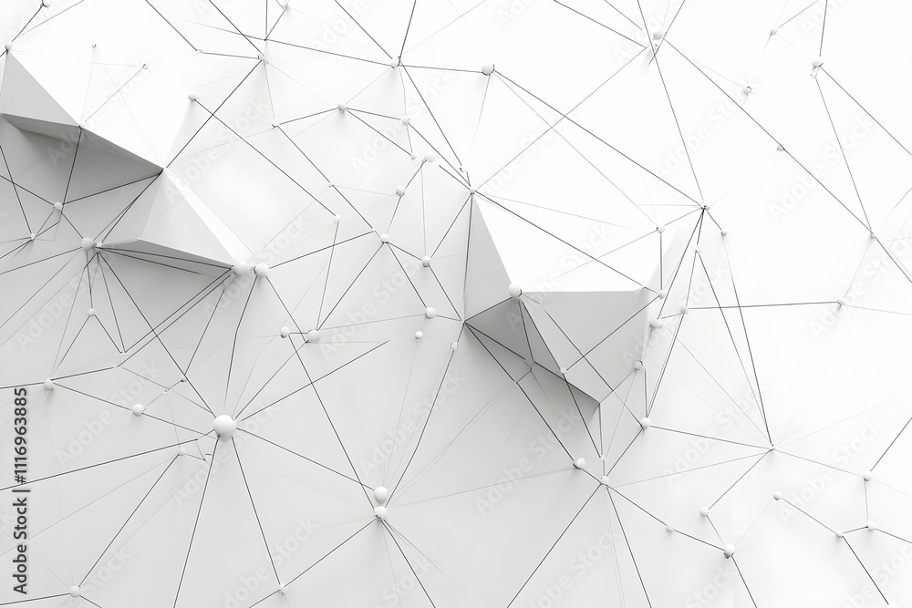 Poster abstract white geometric low poly background with connected nodes and lines.