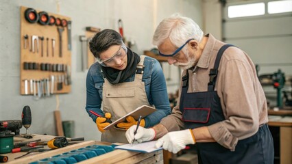 In a wellequipped workshop the retired person demonstrates the proper use of a tool while the new employee attentively observes jotting down notes. The retired individual sports