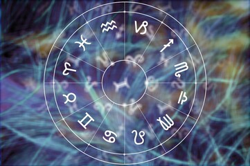 Astrology wheel and Horoscope Signs at Night Sky