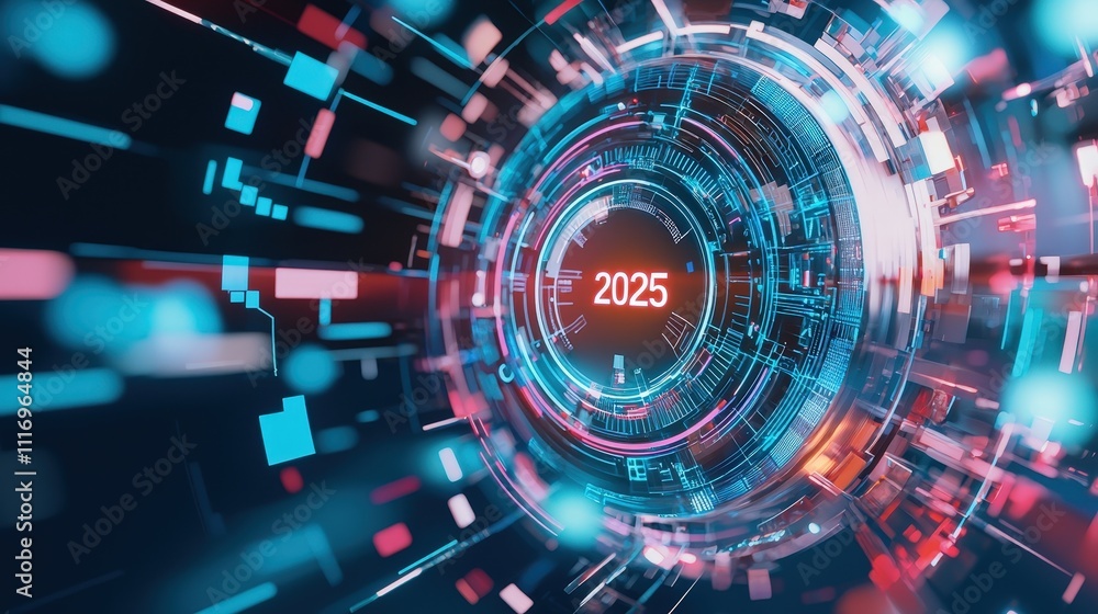 Poster dynamic 2025 text integrated into a futuristic circular label design