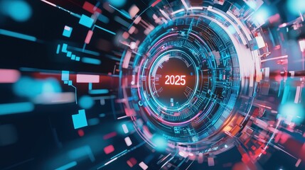 Fototapeta premium Dynamic 2025 text integrated into a futuristic circular label design