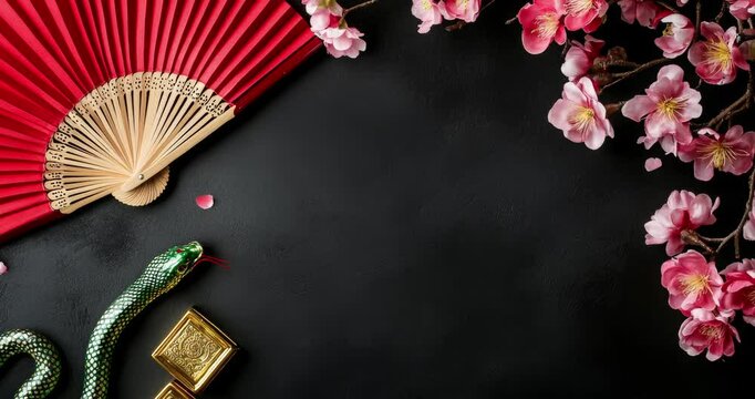 Oriental style banner background with beautiful Cherry blossom flowers and fans at border. Design creative concept of chinese festival celebration gong xi fa cai. Happy chinese new year. Copyspace