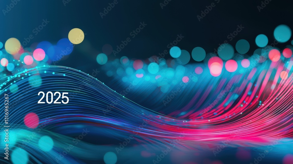 Poster dynamic 2025 typography layered over digital glowing patterns