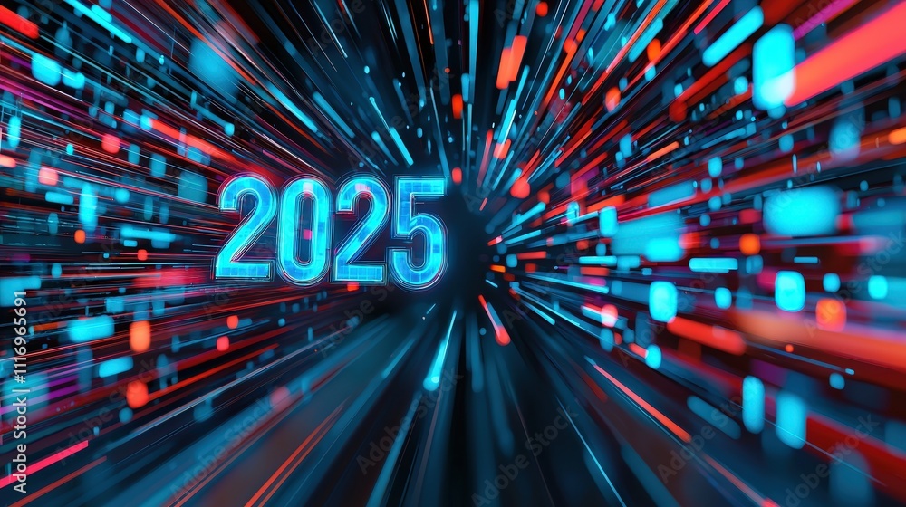 Poster dynamic 2025 typography layered over digital glowing patterns