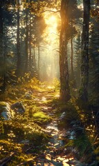 Obraz premium Green Wilderness Nature Depicting a Lush Forest Scene With sunshine and river ai generated