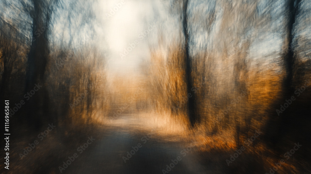 Poster pathway through an autumn forest with blurred trees and soft sunlight creating a peaceful atmosphere