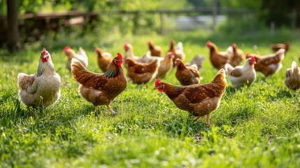 A Peaceful Scene of Free-Range Chickens Grazing in Lush Green Grass Underneath a Bright Sunlight with Trees in the Background, Perfect for Farm or Nature Themes