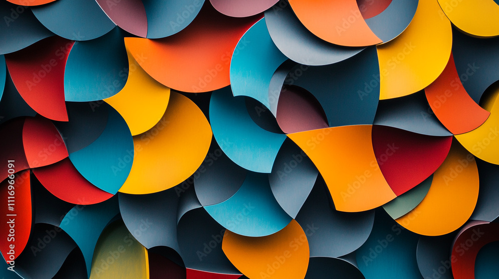 Poster colorful abstract paper sculpture showcasing vibrant curls and layers in a dynamic pattern