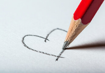 Close up of a pencil drawing a heart mark on white paper.
