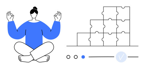 Meditating person in yoga pose with hands in mudra, seated cross-legged next to stacked puzzle pieces. Ideal for mindfulness, mental health, problem-solving, meditation apps, wellness programs