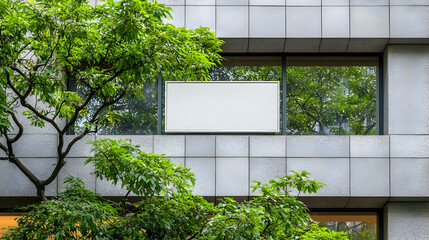 Blank billboard on modern building with green trees.