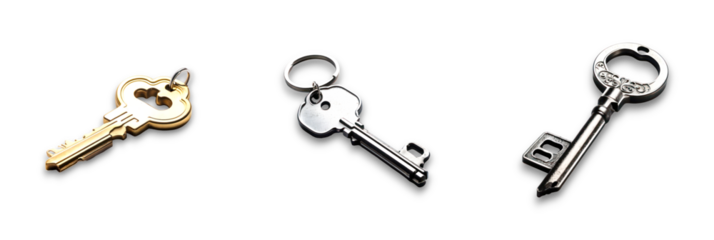 A collection of antique keys isolated on a transparent background