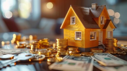 Home Mortgage Loan and Real Estate Investment Depicted with Coins, Keys, and House Model