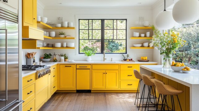 Cheerful yellow kitchen with white countertops, open shelving, and island seating.