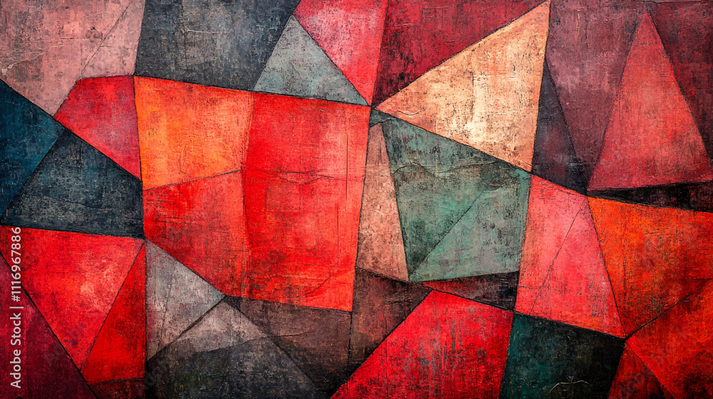 Poster Abstract geometric artwork with vibrant red and muted colors in angular shapes and patterns
