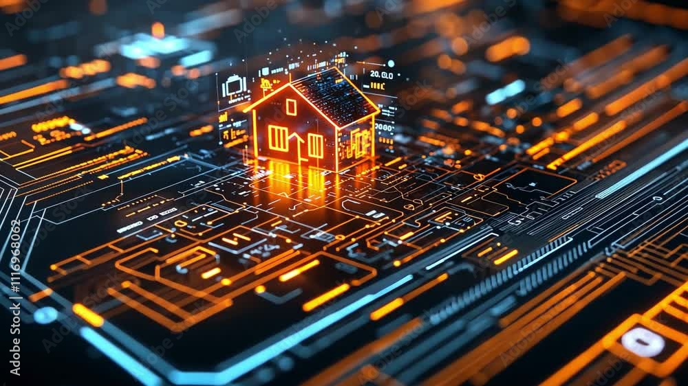 Poster digital representation of a smart home on a circuit board highlighting technology and innovation