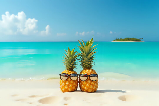 Couple of attractive pineapples in stylish mirrored sunglasses on the sand against turquoise sea. Tropical summer vacation concept. Sunny day on the beach of tropical island. Honeymoon. Family holiday