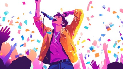 a 2D cartoon illustration of a pop star singing at a concert, energetic and glamorous, white background--ar 16:9