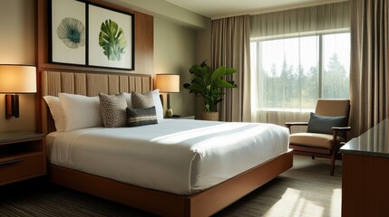 Modern Hotel Room Featuring a King Sized Bed and Natural Decor