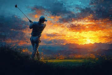 Golfer in Mid-Swing on Scenic Mountain Course at Luxury Golf Resort