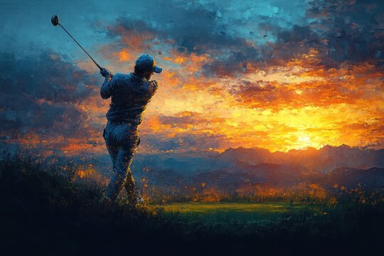 Golfer in Mid-Swing on Scenic Mountain Course at Luxury Golf Resort