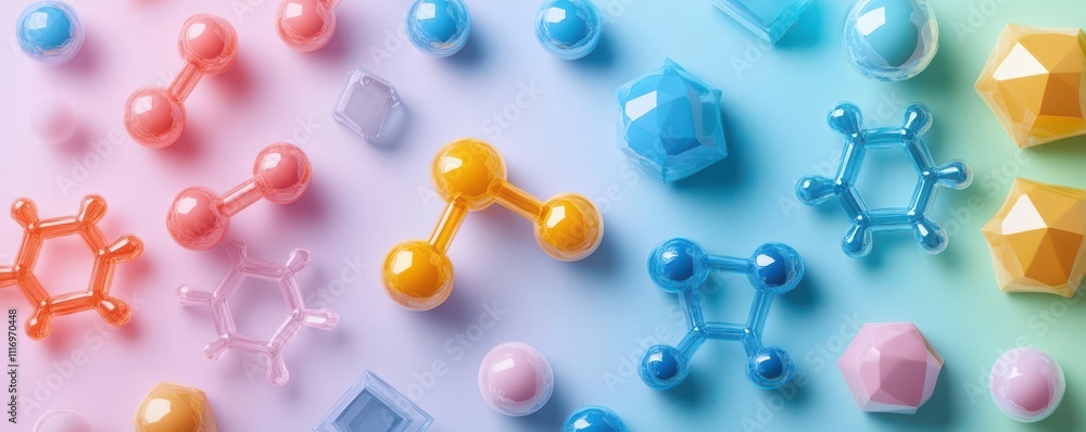 Aufkleber a vibrant arrangement of colorful molecular structures and geometric shapes on a gradient background