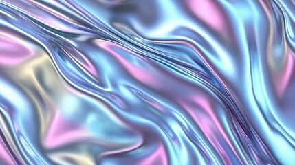 Abstract iridescent holographic texture with flowing, wavy, shiny, and glossy surface.