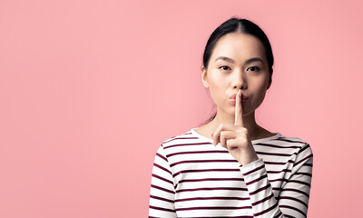 Keep Silence. Mysterious Young Asian Woman Showing Shh Gesture At Camera, Serious Korean Female...