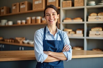 Mujer joven sonriente con delantal azul en una panadería moderna, mostrando confianza y hospitalidad, rodeada de productos artesanales y estantes organizados.
