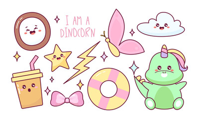 Kawaii Baby Dinosaur Unicorn with elements in pastel color style vector set