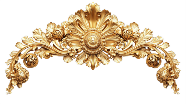 ornate golden arch, intricate floral design, symmetrical baroque style, elaborate craftsmanship, decorative flourish, metallic shimmer, vintage elegance, regal ornamentation
