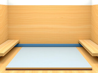 Fototapeta premium minimalist interior design featuring wooden wall and floor, with blue accent strip and empty space for customization. Ideal for renovation projects