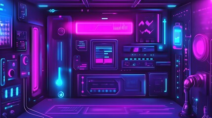 Futuristic neon-lit control room interior with various technological interfaces and equipment.