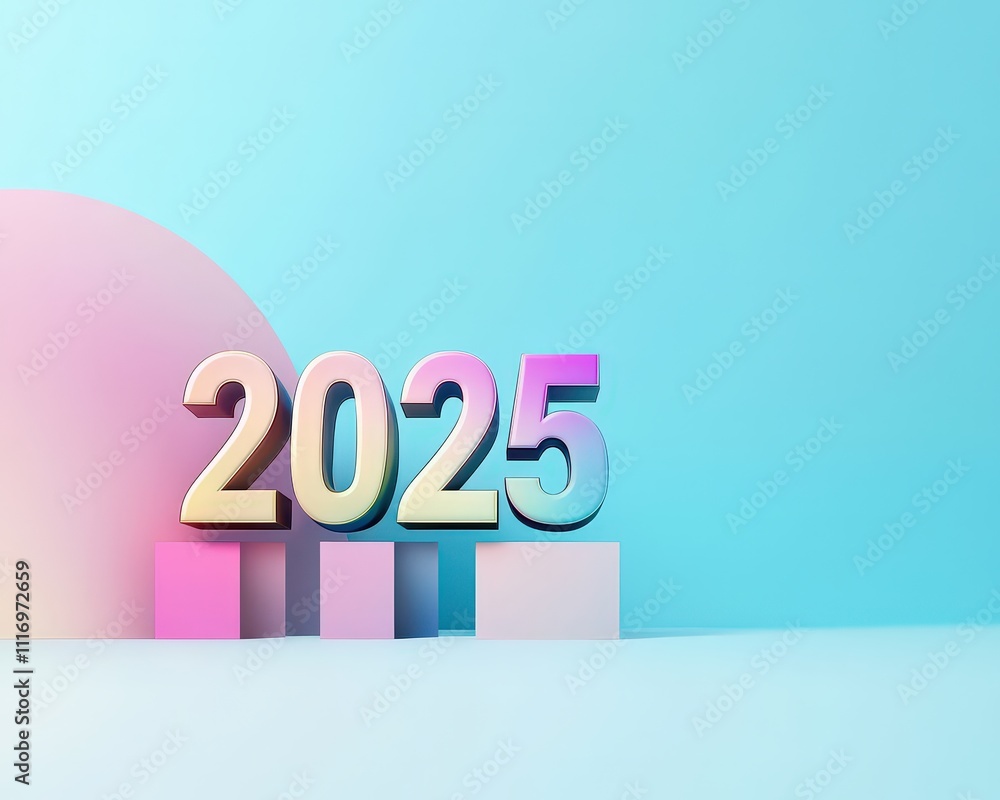 Poster futuristic label featuring gradient-shift 2025 text in soft tones