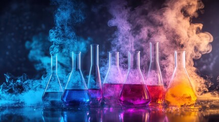 A vibrant laboratory scene featuring colorful liquids in glass flasks, with wisps of smoke rising. The mix of bright hues and the scientific setup creates a magical and experimental atmosphere