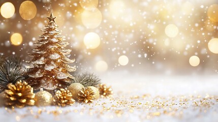 Gold Christmas tree with ornaments and pine cones on snowy background with bokeh lights.