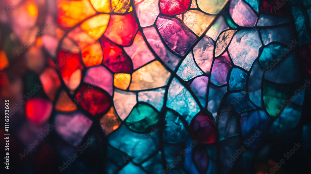 Poster vibrant stained glass in a colorful display showcasing intricate patterns and textures