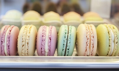 Pastel macarons in a row on display